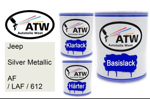 Jeep, Silver Metallic, AF / LAF / 612: 1L Lackdose + 1L Klarlack + 500ml Härter - Set, von ATW Autoteile West.